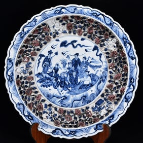 An Exquisite Blue and White Underglaze-Red Lotus Pattern Character and Story Pattern Plate