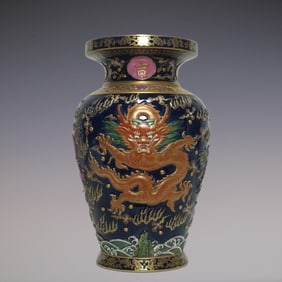 An Exquisite Enamel Ji Blue Glazed Painted Gold Dragon Pattern Seawater Pattern Vase