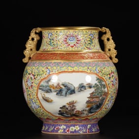 A Exquisite Famille-Rose Yellow Glazed Outline in gold Lotus Pattern Landscape and Figure Pattern