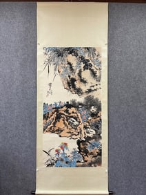 A Chinese Vertical Scroll Ink Painting of Landscape on Paper