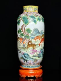 An Exquisite Famille-Rose Painted Gold Lotus Pattern Sika Deer Pattern Vase