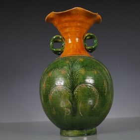 A Exquisite Trio-colored glazed pottery of the Tang Dynasty Flower Pattern Double-Ears Vase