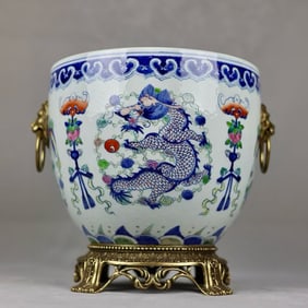 An Exquisite Wucai Blue and White Inlaid Bronze Dragon and Phoenix Pattern Seawater Pattern Bats and