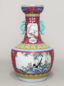 An Exquisite Enamel Ruby Red-Glazed Lotus Pattern Flower and Bird Pattern Double-Ears Vase