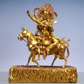 An Exquisite Gilt Bronze Statue of Mammon Rides the Lion
