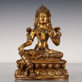 A Exquisite Gilt Bronze Inlaid Gems Statue of Tara Buddha statue