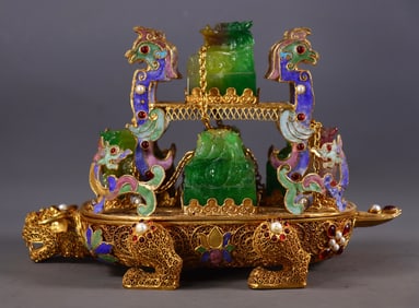 A Set of Fine Gilt Bronze Inlaid Jadeite Auspicious Beast Seal