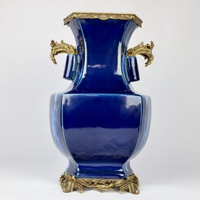 A Exquisite Ji Blue Glazed Inlaid Coppery Double-Ears Vase