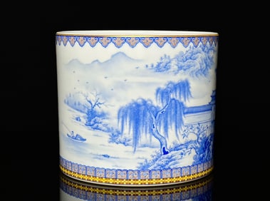 An Exquisite Enamel Painted Gold Landscape and Figure Pattern with poem Brush Pot