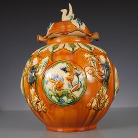 A Exquisite Trio-colored glazed pottery of the Tang Dynasty Character and Story Pattern  Jar