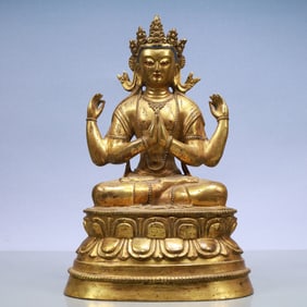 A Exquisite Gilt Bronze Four-arms Statue of Avalokitesvara