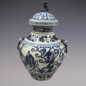 An Exquisite Blue and White Lotus Pattern Character and Story Pattern Double-Ears Jar