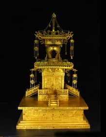 An Exquisite Gilt Bronze Inlaid Gems Dragon Phoenix Pattern Pagoda