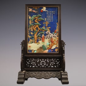 An Exquisite Zitanwood Inlaid Gems Landscape and Figure Pattern with poem Screen Ornament