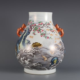 An Exquisite Enamel Bats and Peach Pattern Seawater Pattern with poem Double-Ears Vase