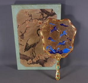 An Exquisite Gilt Bronze Inlaid Gems Crane Pattern Fan