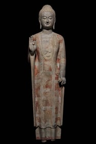 An Exquisite Limestone Painted Color Buddha Statue