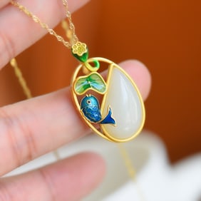 An Exquisite Sterling Silver-Gold Plated Inlaid White Jade Enamel Pendant