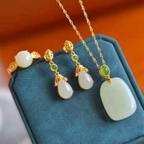 A Set of Fine Sterling Silver-Gold Plated Inlaid White Jade Jewelry