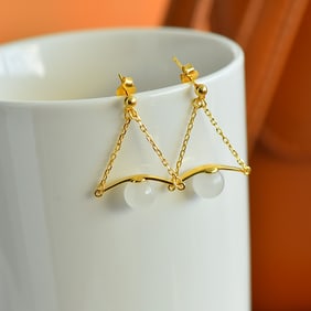 A Pair of Exquisite Sterling Silver-Gold Plated Inlaid White Jade Earrings