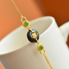 An Exquisite Sterling Silver-Gold Plated Inlaid Black Jade Bracelets