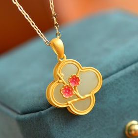 An Exquisite Sterling Silver-Gold Plated Inlaid White Jade Enamel Pendant