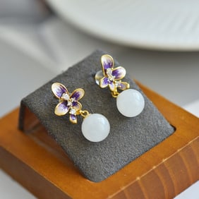 A Pair of Exquisite Sterling Silver-Gold Plated Inlaid White Jade Enamel Earrings