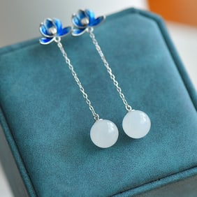 A Pair of Exquisite Sterling Silver Inlaid White Jade Enamel Earrings