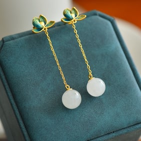 A Pair of Exquisite Sterling Silver-Gold Plated Inlaid White Jade Enamel Earrings