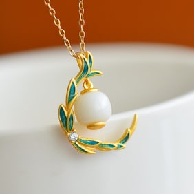 An Exquisite Sterling Silver-Gold Plated Inlaid White Jade Enamel Pendant
