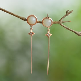 An Exquisite Sterling Silver Inlaid White Jade Earrings
