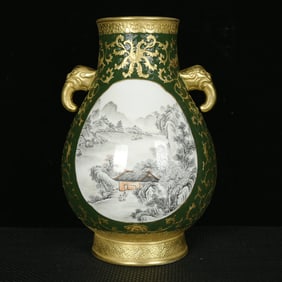A Rare Green Ground Ink Color Gilt Landscape and Figure Pattern Elephant-Ears Vase