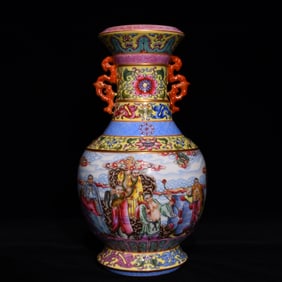 An Exquisite Enamel Painted Gold Auspicious Cloud and Arhat Pattern Dragon-Ears Vase