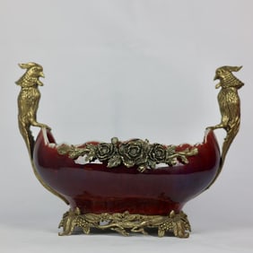 A Rare Flambe Glazed Inlaid Bronze Flower and Bird Pattern Bird-Ears Plate