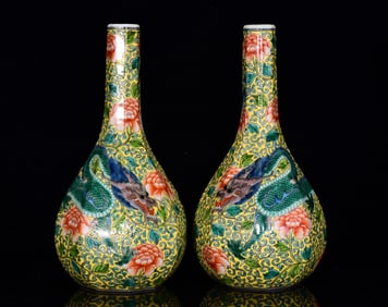 A Pair of Huge Famille-Rose Flower and Dragon Pattern Vases