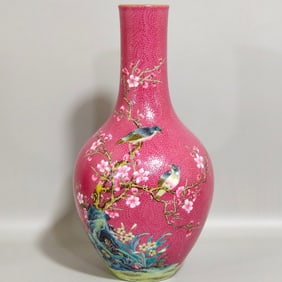 An Exquisite Ruby Red-Glazed Famille-Rose Painted Gold Flower and Bird Pattern Vase,With Poem