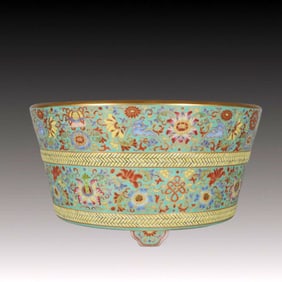 An Exquisite Enamel Green Ground Painted Gold Eight Treasures Pattern Basin