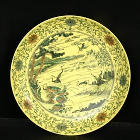 A Huge Yellow Ground Biscuit Lotus,Pine and Crane Pattern Plate