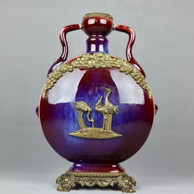 A Huge Flambe Glazed Inlaid Bronze Crane Pattern Double-Ears Vase
