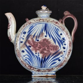 An Exquisite Blue and White Underglaze-Red Fish and Algae Pattern Ewer