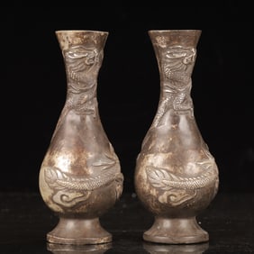 A Pair of Exquisite Silver-plated Copper Dragon Pattern Vases