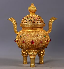 An Exquisite Gilt Bronze Flower Pattern Double-Ears and Tripod Censer,Inlaid Gems