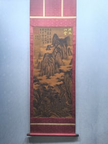 A Chinese Vertical Scroll Ink Painting of Landscape on Silk,Dong Yuan