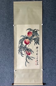 A Chinese Vertical Scroll Ink Painting of Peach on Paper,Qi Baishi