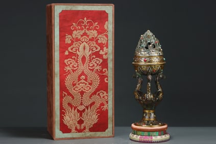 A Rare Bronze Inlaid Gold and Silver Dragon and Phoenix Pattern Mountain-Shaped Censer,Inlaid