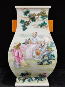 A Rare Famille-Rose Painted Gold Character and Story Pattern Double-Ears Vase,With Poem