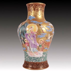A Rare Enamel Gold Ground Carved Character and Story Pattern Vase