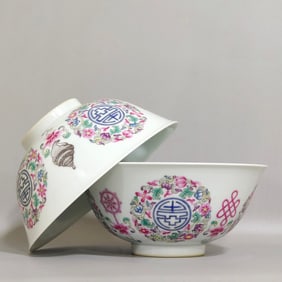 A Pair of Exquisite Enamel Shou-Character Lotus and Eight Treasures Pattern Bowls