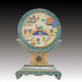 A Exquisite Cloisonne Inlaid Gems Lotus Pattern Character and Story Pattern Bats and Peach Pattern