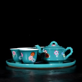 A Set of Fine Turquoise Glazed Enamel Flower Pattern Teaware
